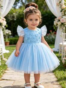 SHEIN Glamorique Kids Elegant Sky Blue Summer Flower Girl Dress,Young Girls Floral Mesh A-Line Tutu Princess Birthday Party Gown,Kids Formal Tulle Flower Applique Dress - White - View 5
