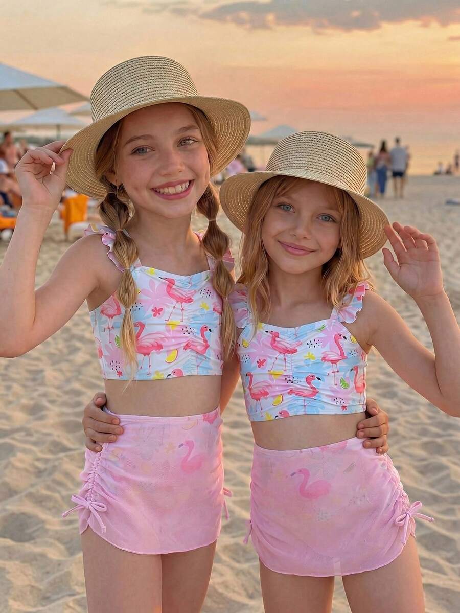 SHEIN Vintaside Kids Bộ đồ bơi tankini in hình chim hồng hạc và hoa cho bé gái, gồm áo khoác ngoài và váy ngắn, gồm 3 món. - Hồng - Xem 1