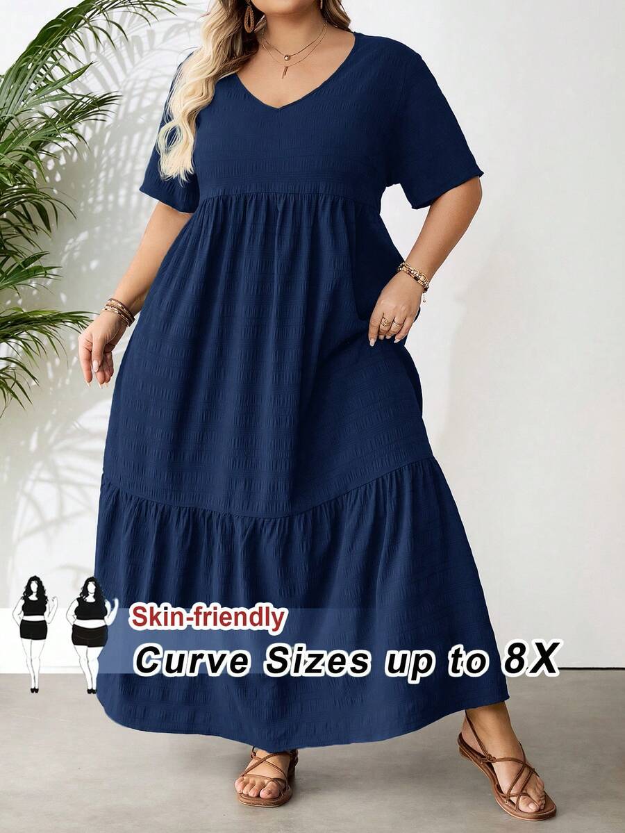 SHEIN CURVE+ 大码长款沙滩度假连衣裙 波西米亚风 夏季/乡村/沙滩度假装/沙滩装/沙滩服饰 - 藏蓝色 - 查看 1