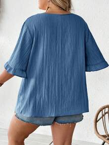 SHEIN CURVE+ Damen Große Größen Khaki Bluse, Rüschen Kurzarm Locker Saum Lässig Urlaubskleid, Strandoutfit für Frauen/Strandkleid/Strandurlaub Outfits/Strandutensilien/Abschlussfeier/Tea Party Kleid, Sommer/Land/Strandurlaub Outfits/Strandoutfits/Strandmode - Königsblau - Übersicht 2