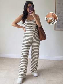 SHEIN Bộ áo liền quần bầu thiết kế cài nút, thắt eo, kiểu dáng thường ngày, có chức năng cho con bú. - Màu be - Xem 1