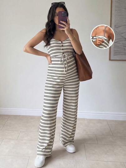 SHEIN 孕妇纽扣设计腰带休闲连体裤，带哺乳功能