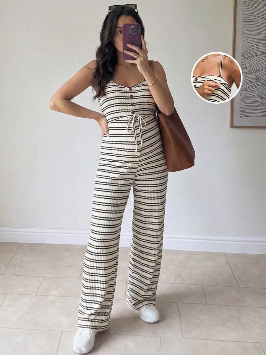 SHEIN Bộ áo liền quần bầu thiết kế cài nút, thắt eo, kiểu dáng thường ngày, có chức năng cho con bú. - Màu be - Xem 1