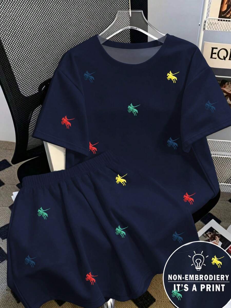 SHEIN Plus Size Casual Round Neck Short Sleeve Top And Shorts 2 Pieces Set - Navy Blue - View 1
