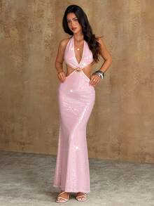 Bluhae Đầm hai dây cổ chữ V đính sequin thanh lịch, tinh tế, lãng mạn và gợi cảm dành cho nữ dự tiệc. - Hồng - Xem 5