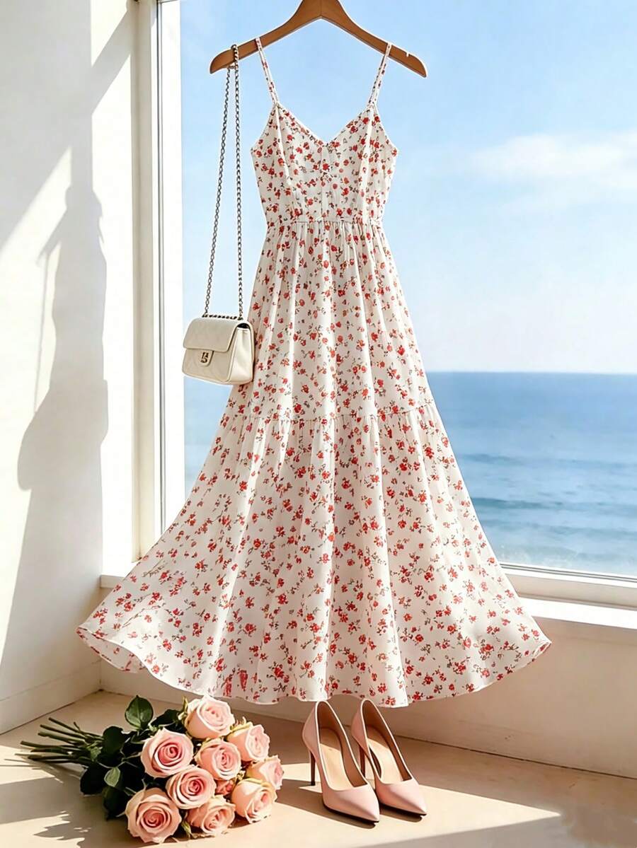 SHEIN Franclia Vestido sin mangas con volantes y estampado floral diminuto, estilo vacacional - Blanco - Ver 1