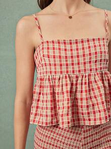 WESTFADE Conjunto a juego de top de tirantes con cuello cuadrado y volantes en estilo peplum a cuadros escoceses, y shorts ajustados con dobladillo de volantes fruncidos - Rojo - Ver 4