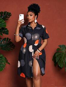 Maweii Plus Size Women Circular Print Casual Pleated Bust Short Sleeve Open Front A-Line Dress - Multicolor - View 4