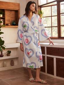 Bohemian Vacation Casual Robe, Hawaii Tropical Print Loose Loungewear Sleepwear For Women - Multicolor - View 5