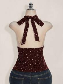 SHEIN ICON Plus Size V-Neck Cinched Waist A-Line Backless Polka Dot Camisole, Retro Y2K Halter Babydoll Top - Brown - View 2