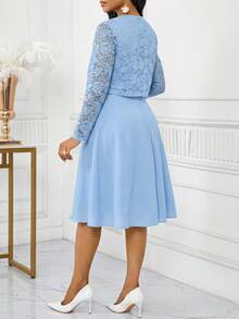 SHEIN Lady Conjunto de 2 piezas para mujer talla grande con top de encaje azul claro elegante y vestido sin mangas, ropa para invitada de boda de verano, cumpleaños, evento, oficina, iglesia y festival - Azul - Ver 2