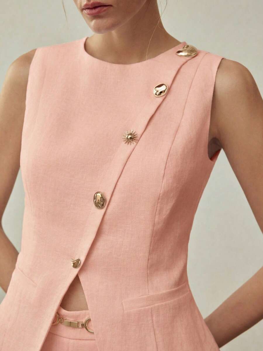 MOTF PREMIUM 100% LINEN METAL BUCKLE DECOR BLAZER VEST TOP, VINTAGE STYLE, SPRING/SUMMER - Pink - View 2