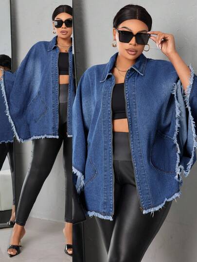 SHEIN SXY Plus Size Women Frayed Batwing Sleeve Loose Casual Zip-Up Denim Jacket