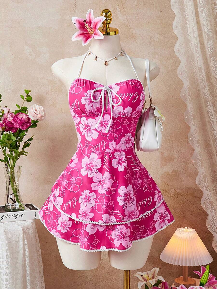 Bellisia 女士26码新款印花蝴蝶结多层荷叶边性感甜美吊带裙，适合海滩和度假穿着，可爱娃娃裙，印花连衣裙，女士夏季无袖迷你裙 - 彩色 - 查看 1