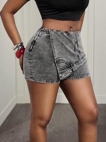 Slaydiva Quần short denim nữ cài nút, kiểu dáng thường ngày, đa năng. - màu đen - Xem 4