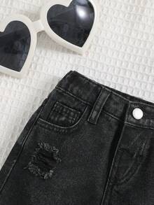 SHEIN Young Girls' Y2K Spring Summer Boho Girls Jeans Shorts ,Washed Casual Distressed Denim Shorts - Black - View 4