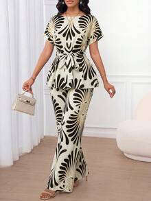 SHEIN Lady Bộ đồ nữ thanh lịch 2 mảnh: Áo cổ thuyền thắt eo và quần in họa tiết toàn thân. - Nhiều màu - Xem 4