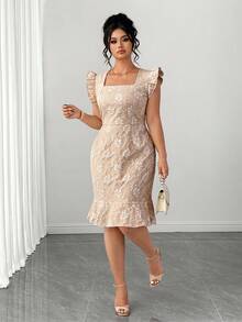 Elenzga Plus Size White Printed Woven Textured Fabric Bodycon Fishtail Dress,Elegant Square Neck Cap Sleeve Summer Bridal Wedding Guest Dress Women's - Apricot - View 8