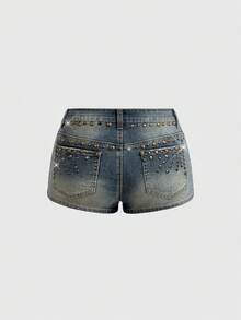 ROMWE Summer Y2K Baddie Music Festival Vintage Studded Distressed Super Low-Rise Denim Mini Shorts For Women - Blue - View 12