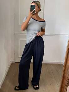 DAZY 女士夏季休闲条纹不对称领上衣和宽松纯色睡裤睡衣套装 - 藏蓝色 - View 7