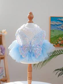 1 bộ váy cho mèo và chó, váy xòe bằng vải lưới màu xanh thêu hình bướm, kiểu cổ áo ren cho thú cưng nhỏ. - Màu xanh da trời - Xem 9