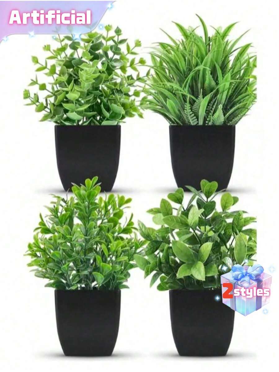 MEHELANY 4件套仿真绿色植物迷你盆栽套装,假花盆,塑料仿植物,黑色花盆,适用于家居、办公室、餐桌、农舍、浴室、庭院、礼品、花园、户外植物、园艺、人造花(1件随机) - 綠色 - 查看 1