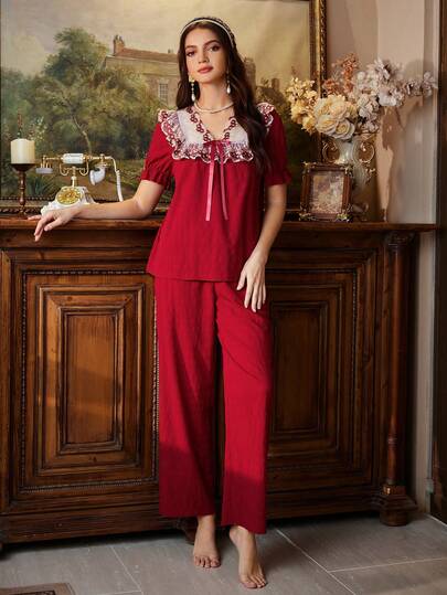 PalaceNights 女士宫廷风撞色花卉刺绣荷叶边短袖睡衣套装