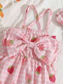 SHEIN Vintaside Kids 2件套女婴时尚可爱条纹露肩连体衣和发带套装，夏季派对 - 粉色 - 查看 6