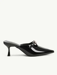 CUCCOO CHICEST Pointed Sexy Metal Buckle Black Patent Leather Mid-Heel Comfortable Versatile Fairy Temperament Female Closed Toe Slippers - Black - View 10
