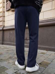 Artur Kramer Men's Solid Color Drawstring Waist Casual Pants - Navy Blue - View 2