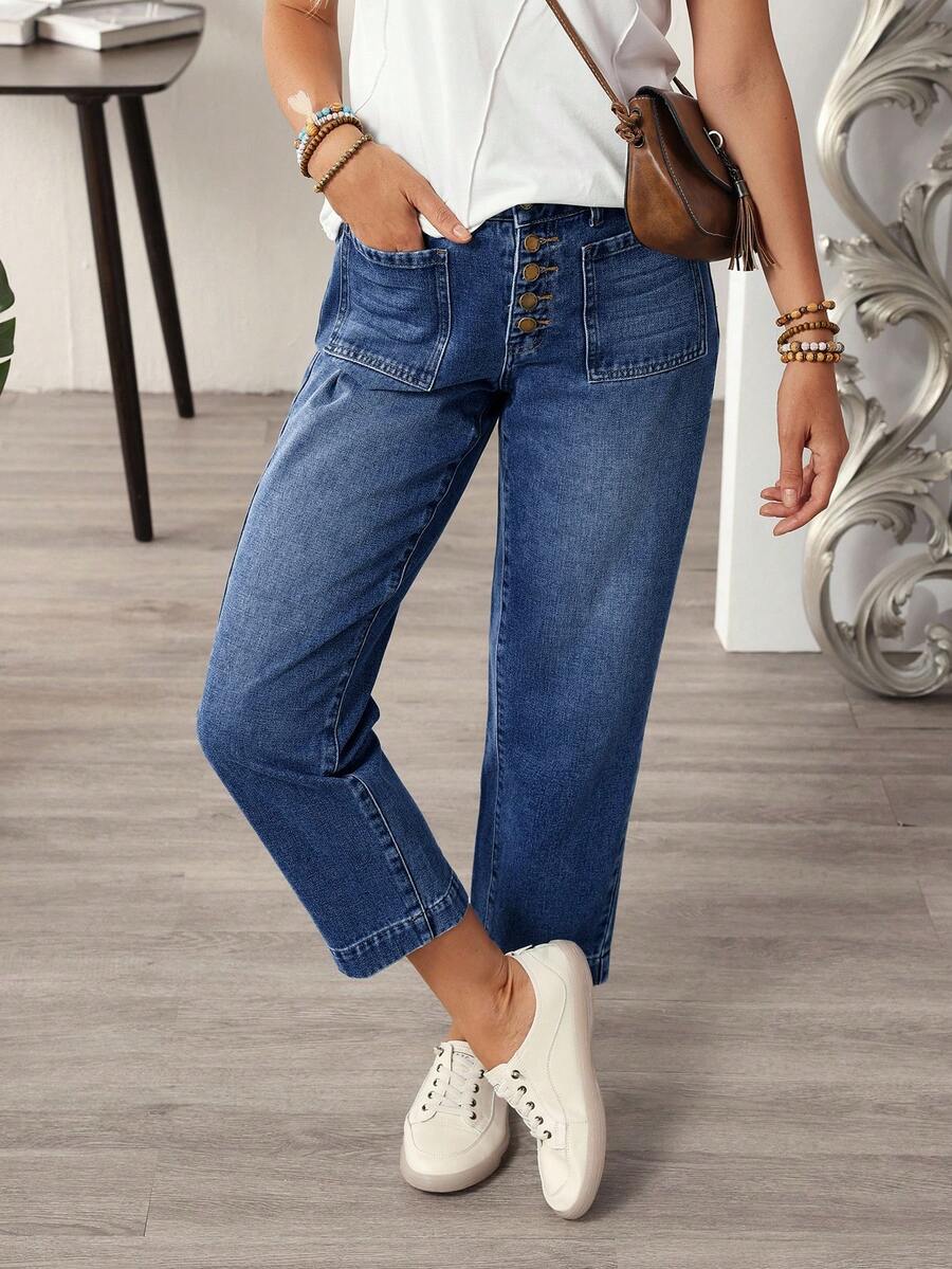 EMERY ROSE Plus Size Women Pockets Button Casual Versatile Daily Wear Denim Jeans - Dark Wash - View 1