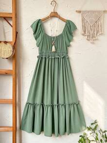 Rusticease Plus Size Women's Summer Sage Green Curve Long Dress,Casual Holiday Boho Flowy Ruffle Sleeve Solid Party Vacation Outfits,Country Concert Beach Wear - Green - View 10