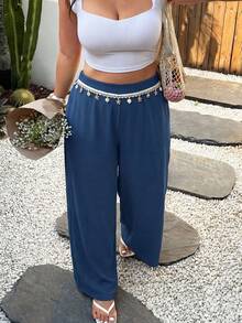 Modelyn Pantalones holgados de mujer con cintura ceñida, con aplicaciones y recortes, versátiles para primavera/verano - Azul Marino - Ver 3