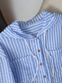 Resyla New Arrival Loose Fit Blue Striped Hooded Plus Size Sun Protection Shirt - Blue - View 3