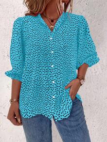 EMERY ROSE Floral Single Button Casual Elegant Daily Office Mid-Sleeve Shirt For New Year Clothes Turquoise Blue Summer - Blue - View 3