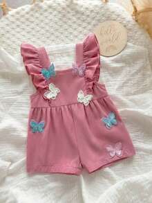 Newborn Baby Girl Cute Flutter Sleeve Butterfly Decor Romper - Pink - View 5