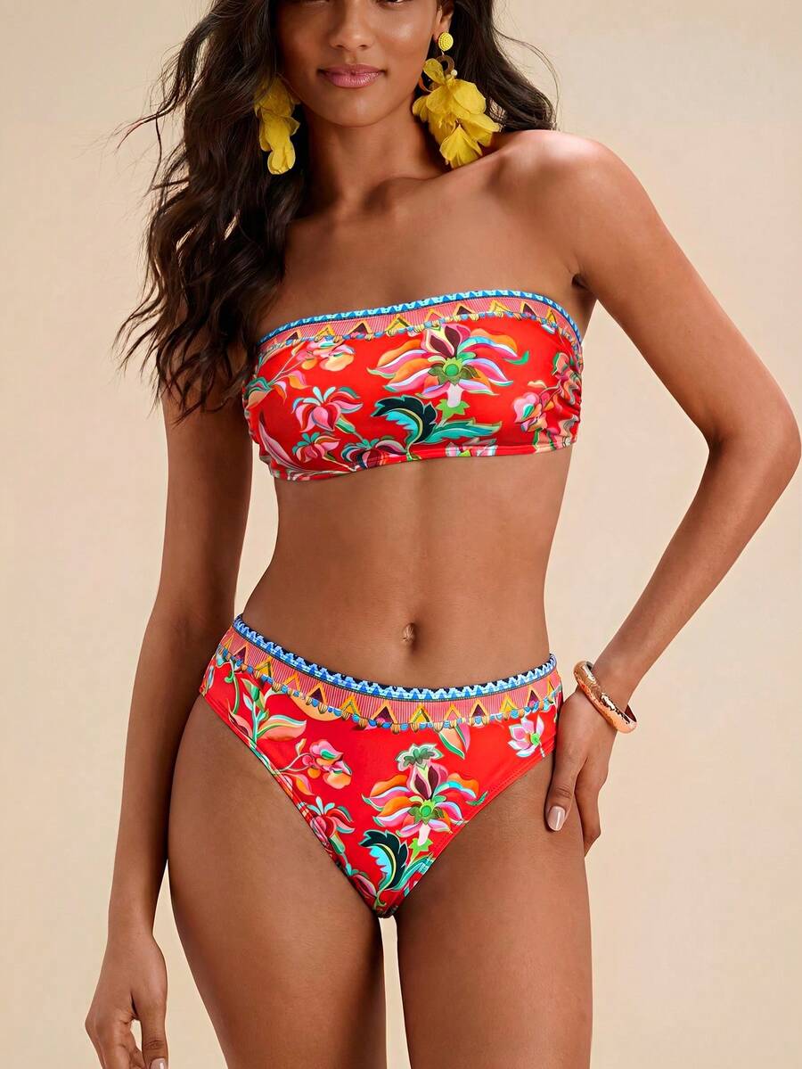 Travachic Bộ bikini quây in hoa dành cho nữ, trang phục mùa hè cho nữ, đồ bơi nữ, áo tắm nữ. - Nhiều màu - Xem 1