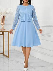 SHEIN Lady Conjunto de 2 piezas para mujer talla grande con top de encaje azul claro elegante y vestido sin mangas, ropa para invitada de boda de verano, cumpleaños, evento, oficina, iglesia y festival - Azul - Ver 5