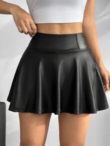 SHEIN PETITE CURVE 大码女士休闲PU皮短裤，带内衬，夏季 - 黑色 - 查看 3