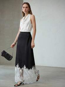 MOTF PREMIUM WOMEN'S SATIN CONTRAST LACE SKIRT - Black - View 7