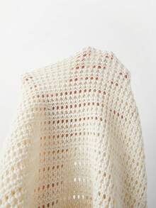 SHEIN Holidaya Women's Off-White Openwork Knit Sleeveless V-Neck Vest,Button Front,Gradient Mesh Texture,Retro Preppy Charm,Summer Casual Vacation Holiday Outfit - Beige - View 6