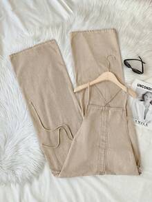 Comfortcana Bộ jumpsuit denim nữ kiểu dáng thường ngày, hở lưng, dây chéo. - Màu Khaki - Xem 1