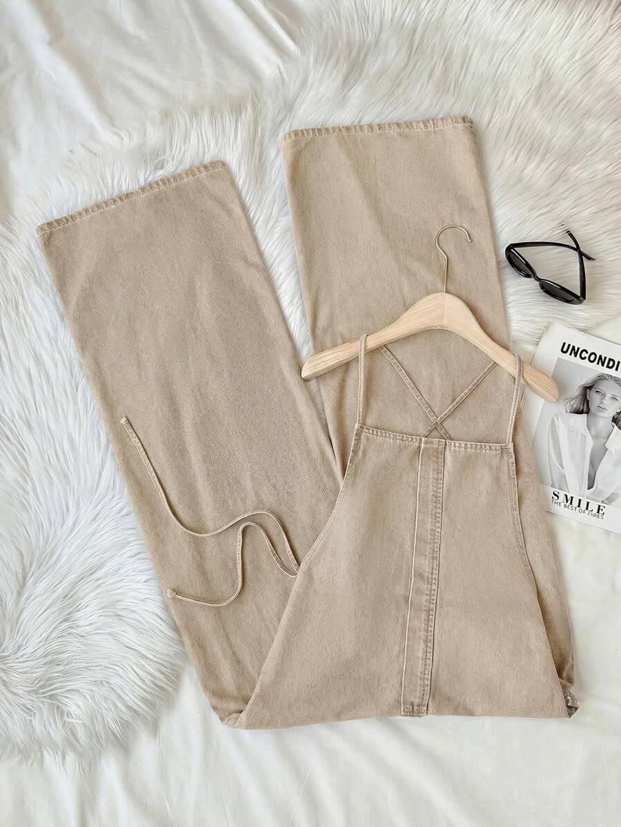 Comfortcana Bộ jumpsuit denim nữ kiểu dáng thường ngày, hở lưng, dây chéo. - Màu Khaki - Xem 1