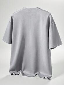 TOKVUE 男士淺灰色街頭風夏季T恤，TK品牌麂皮拼接刺繡圖案，舒適穿著，適合城市度假、日常與休閒外出 - 淺灰色 - 查看 5