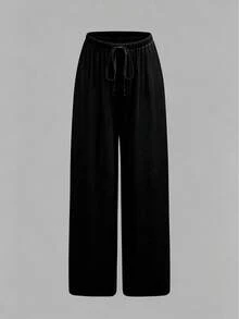 Swim Chiccia Women Summer Chiffon Solid Color Drawstring Waist Wide Leg Cover-Up Pants, Beach - Black - View 6