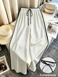 Franclia 女士复古美式条纹系带阔腿裤，休闲宽松漫步裤，适合独立日郊游、夏季音乐节、复活节公园野餐等场合，休闲穿着。 - 黑與白 - 查看 4