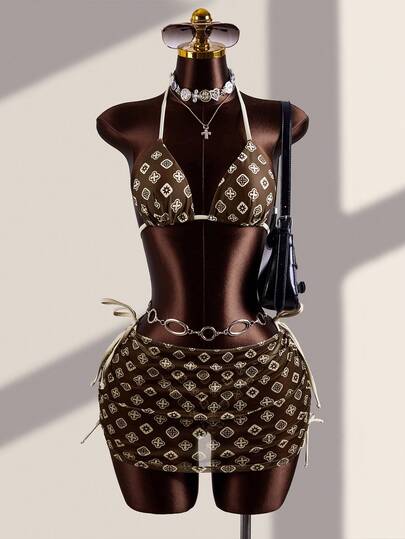 Zestiva Conjunto de traje de baño de 3 piezas con estampado completo, elegante y sexy para vacaciones de primavera/verano