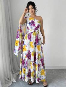 Elenzga Đầm maxi cỡ lớn không tay, dáng bất đối xứng, thắt eo, in họa tiết hoa nhuộm tie-dye, kiểu dáng thanh lịch kiểu Pháp cho kỳ nghỉ xuân/hè. - Màu Hồng Tươi - Xem 5