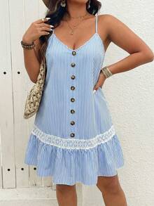 SHEIN LUNE Plus Size V-Neck Sleeveless Front Button Ruffle Hem Textured Slip Dress - Blue and White - View 3