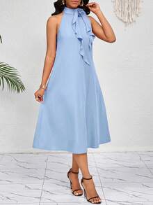 SHEIN Lady Women Elegant Light Blue Flowy Halterneck Long Dress With Ruffled And Floral Detailing Perfect For Summer Occasions - Baby Blue - View 4